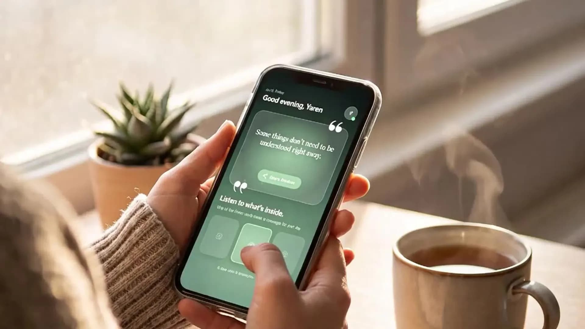 Hands holding a phone with the Noera daily card open, beside a cup of tea by a window